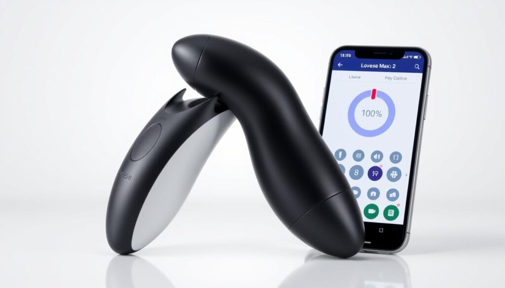 Lovense Max 2 male masturbator with app control screen visible on smartphone Lovense Max 2 male masturbator with app control screen visible on smartphone