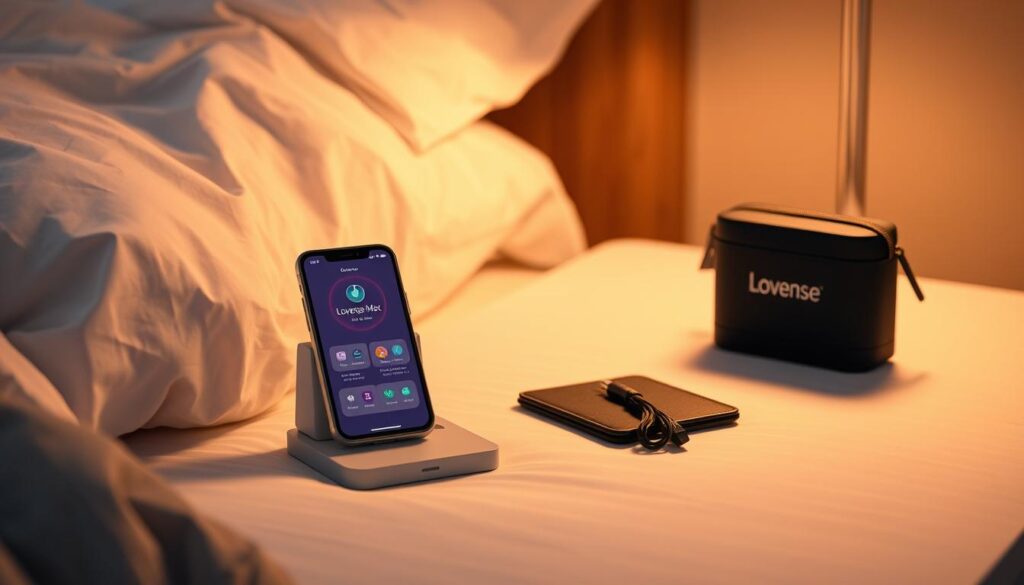 Lovense Max 2 with smartphone showing app and accessories arranged in lifestyle setting Lovense Max 2 with smartphone showing app and accessories arranged in lifestyle setting