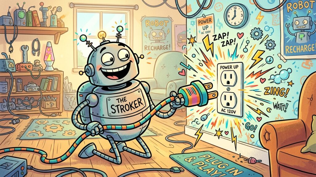 A comical 2D cartoon illustration depicting a quirky robot named "The Stroker" cheerfully plugging itself into a standard wall outlet for a whimsical offline session. In the foreground, the robot has a goofy smile, big eyes, and exaggerated features, showcasing its playful personality. The middle ground features an outlet with colorful sparks and exaggerated motion lines to emphasize the act of plugging in, surrounded by quirky gadgets and playful electrical icons. The background consists of a light-hearted room setting with bright colors, emphasizing a fun and humorous atmosphere. Soft, cheerful lighting enhances the playful mood, as if the robot is about to embark on a hilarious adventure. A comical 2D cartoon illustration depicting a quirky robot named "The Stroker" cheerfully plugging itself into a standard wall outlet for a whimsical offline session. In the foreground, the robot has a goofy smile, big eyes, and exaggerated features, showcasing its playful personality. The middle ground features an outlet with colorful sparks and exaggerated motion lines to emphasize the act of plugging in, surrounded by quirky gadgets and playful electrical icons. The background consists of a light-hearted room setting with bright colors, emphasizing a fun and humorous atmosphere. Soft, cheerful lighting enhances the playful mood, as if the robot is about to embark on a hilarious adventure.