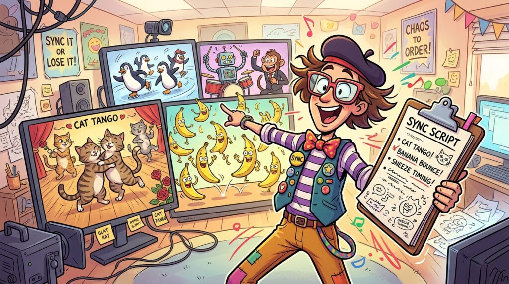A dynamic cartoon scene showing a whimsical video sync script, designed like a colorful animated character, energetically coordinating a variety of humorous on-screen movements. In the foreground, the character, dressed in a quirky outfit with oversized glasses, gestures dramatically while holding a large clipboard full of funny notes. The middle ground features a lively array of cartoonish visuals—unexpectedly synchronized scenes like dancing cats and bouncing bananas—and exaggerated expressions add to the humor. The background is a bright, cheerful office setting with playful decorations and a comedic atmosphere, bathed in soft, warm lighting to enhance the lightheartedness. The angle is slightly tilted, creating a fun and engaging perspective, inviting viewers to laugh at the absurdity of the scene. A dynamic cartoon scene showing a whimsical video sync script, designed like a colorful animated character, energetically coordinating a variety of humorous on-screen movements. In the foreground, the character, dressed in a quirky outfit with oversized glasses, gestures dramatically while holding a large clipboard full of funny notes. The middle ground features a lively array of cartoonish visuals—unexpectedly synchronized scenes like dancing cats and bouncing bananas—and exaggerated expressions add to the humor. The background is a bright, cheerful office setting with playful decorations and a comedic atmosphere, bathed in soft, warm lighting to enhance the lightheartedness. The angle is slightly tilted, creating a fun and engaging perspective, inviting viewers to laugh at the absurdity of the scene.