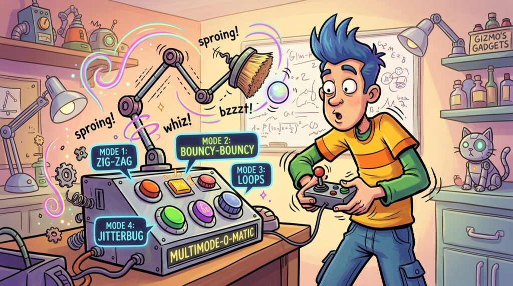 A vibrant, funny comix-style illustration showcasing a humanoid character operating a device with various preset modes. In the foreground, the character, dressed in casual yet professional attire, displays a comical expression of surprise as the device humorously alters its movement patterns. The middle ground features exaggerated visual effects representing the device's various settings, with whimsical gears and animated lines depicting motion. In the background, a bright, cheerful setting with playful colors, perhaps a workshop filled with quirky gadgets, enhances the lighthearted atmosphere. Use soft, warm lighting to create a whimsical mood, with a slight tilt angle to emphasize the character's reactions and the device's amusing capabilities. A vibrant, funny comix-style illustration showcasing a humanoid character operating a device with various preset modes. In the foreground, the character, dressed in casual yet professional attire, displays a comical expression of surprise as the device humorously alters its movement patterns. The middle ground features exaggerated visual effects representing the device's various settings, with whimsical gears and animated lines depicting motion. In the background, a bright, cheerful setting with playful colors, perhaps a workshop filled with quirky gadgets, enhances the lighthearted atmosphere. Use soft, warm lighting to create a whimsical mood, with a slight tilt angle to emphasize the character's reactions and the device's amusing capabilities.