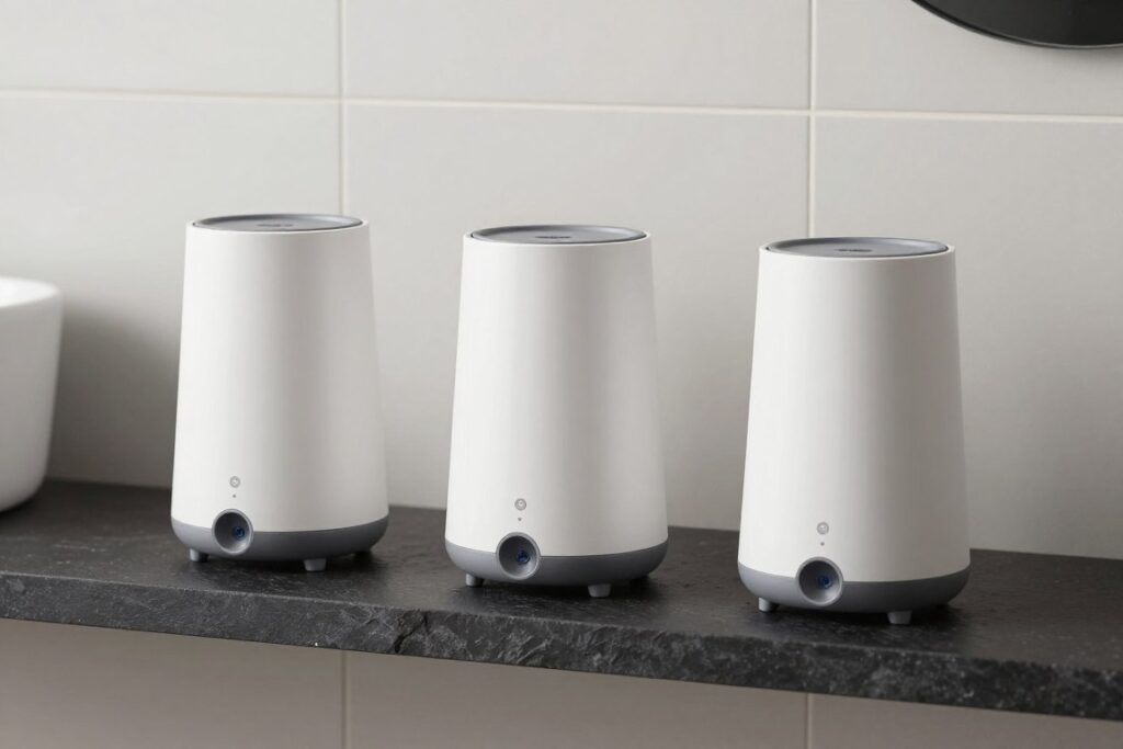 Collection of modern male tech accessories on a polished bathroom counter