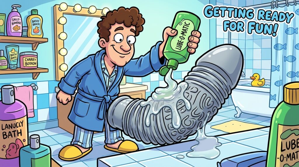 Create a comical 2D cartoon illustration of a character preparing a silicone-based sleeve for use. In the foreground, the character, dressed in a humorous and modest attire, is energetically squeezing a bottle of water-based lubricant onto the sleeve with a playful expression. The lubricant should have a shiny, gooey texture, glistening under bright light. In the middle, the sleeve is prominently displayed, looking exaggeratedly large and cartoonish, with the lubricant spreading across its surface. The background can feature a light-hearted and vibrant setting, such as a colorful bathroom with cartoonish décor. The overall atmosphere should be cheerful and whimsical, inviting laughter, as if the character is ready for a hilarious experience.