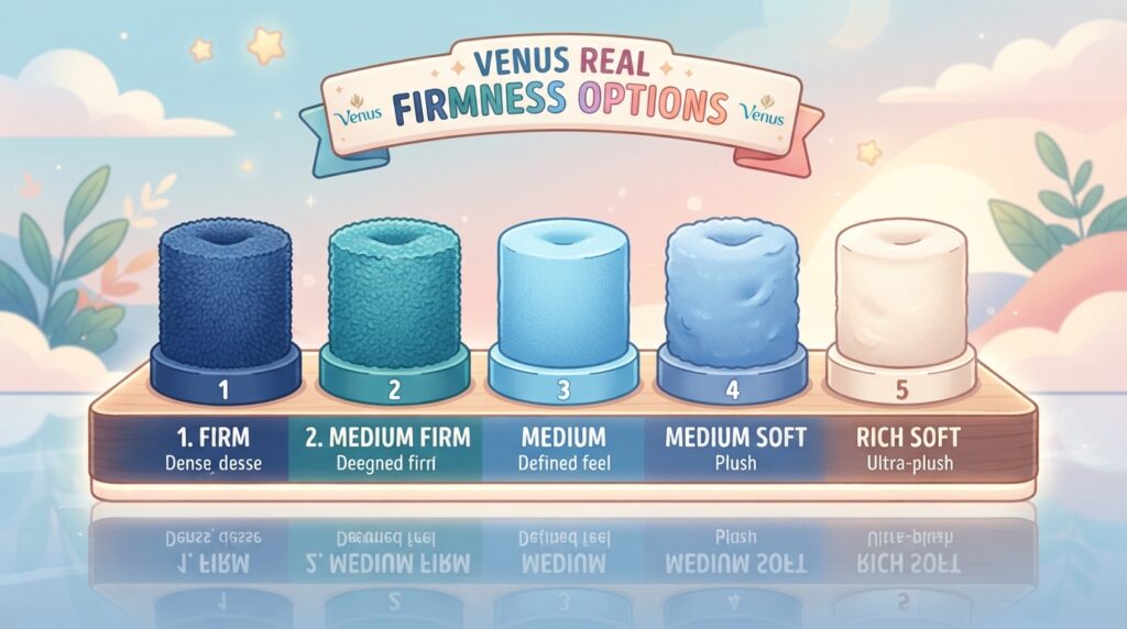 Five Venus Real firmness options lined up from firm to rich soft Five Venus Real firmness options lined up from firm to rich soft