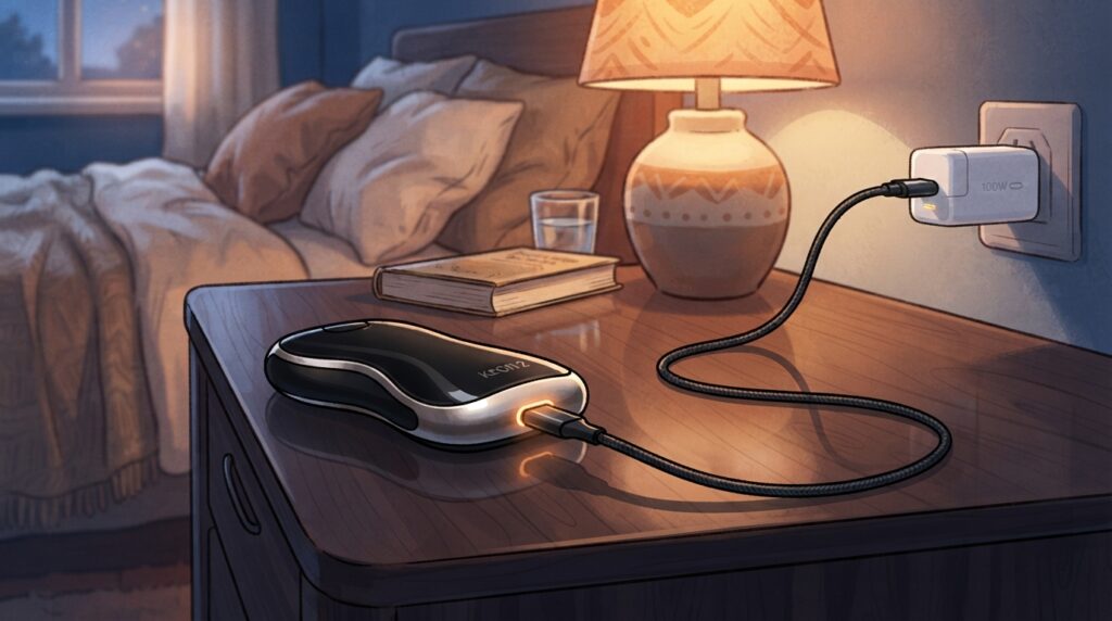 Keon 2 charging from a 100W USB-C laptop adapter on a nightstand Keon 2 charging from a 100W USB-C laptop adapter on a nightstand