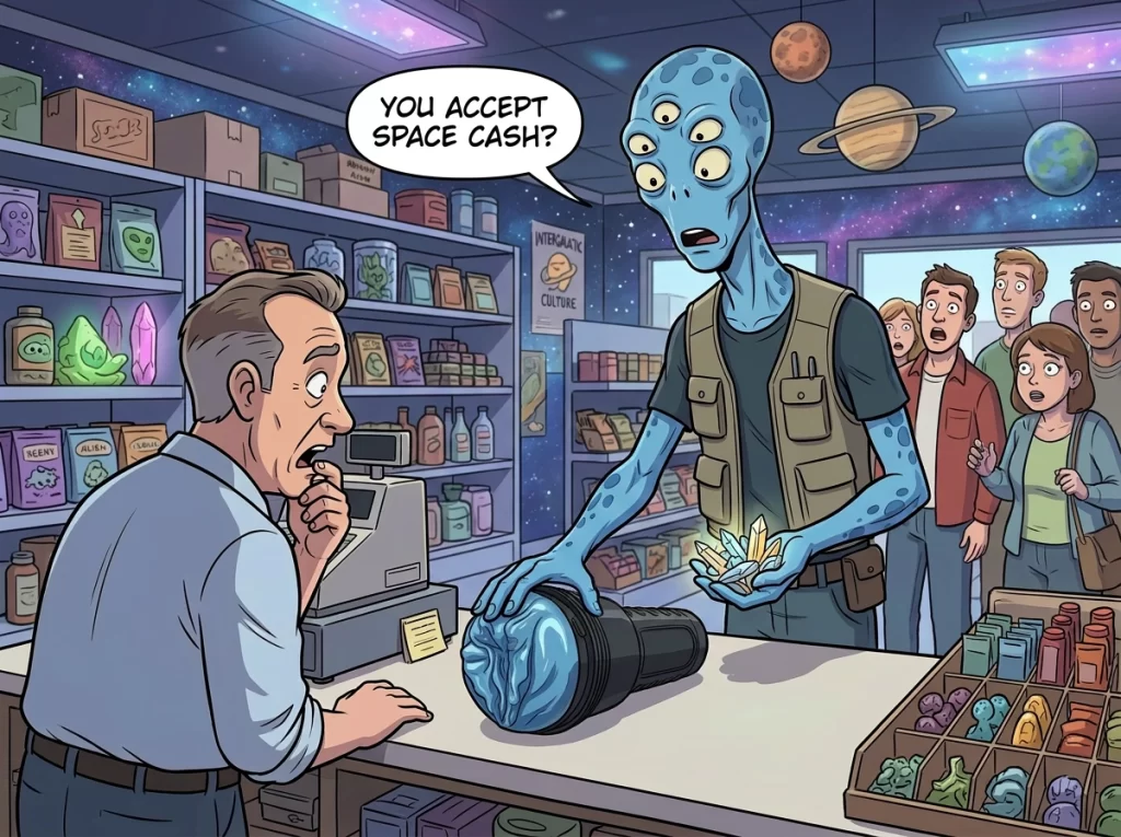 cartoon of a tall alien buying fleshari sex toy at the cashier. cartoon of a tall alien buying fleshari sex toy at the cashier.