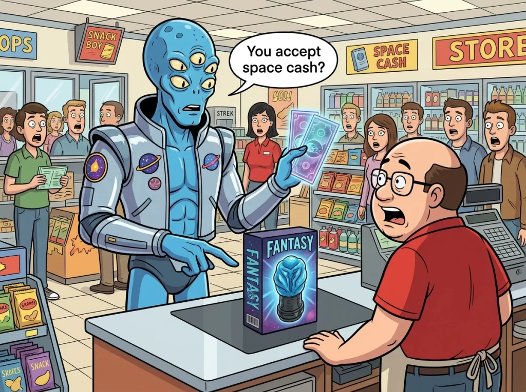cartoon of a tall alien buying fleshari sex toy at the cashier.