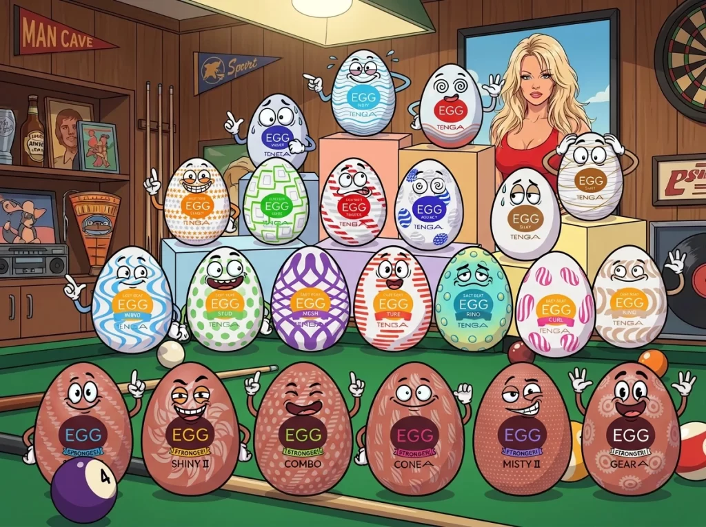 Two dozen Tenga egg models sorted by texture and store rating cartoon Two dozen Tenga egg models sorted by texture and store rating cartoon