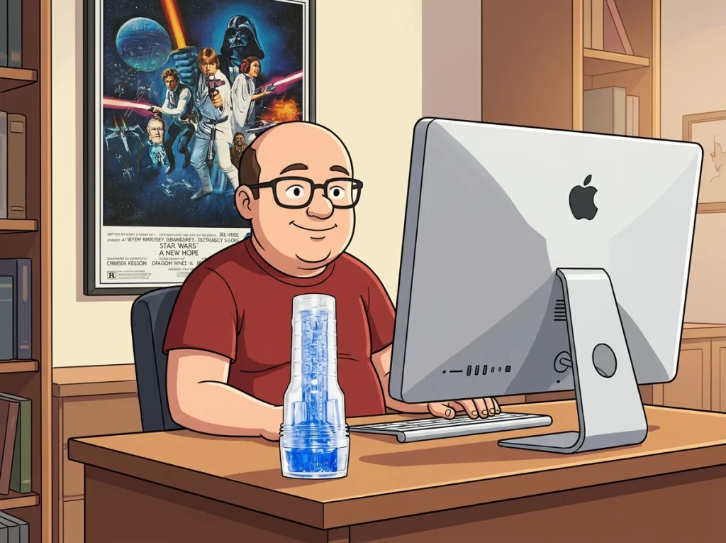 a guy sitting at the desk with his sex toy next to it a guy sitting at the desk with his sex toy next to it