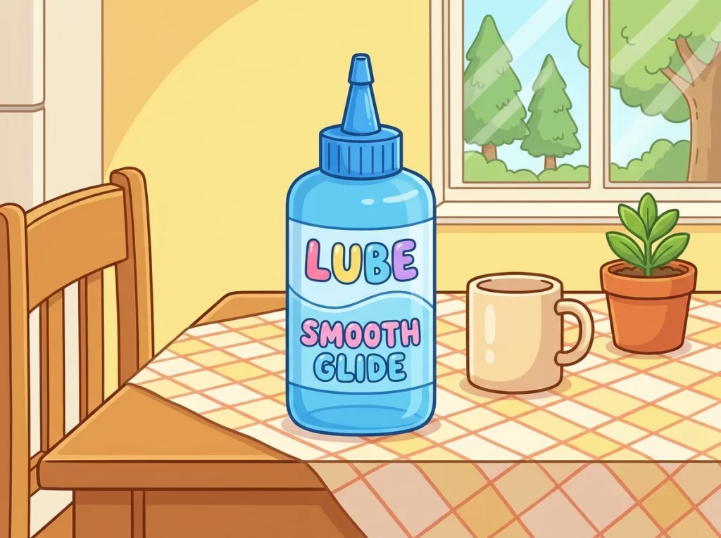 Clear bottle of personal lubricant next to a soft silicone item