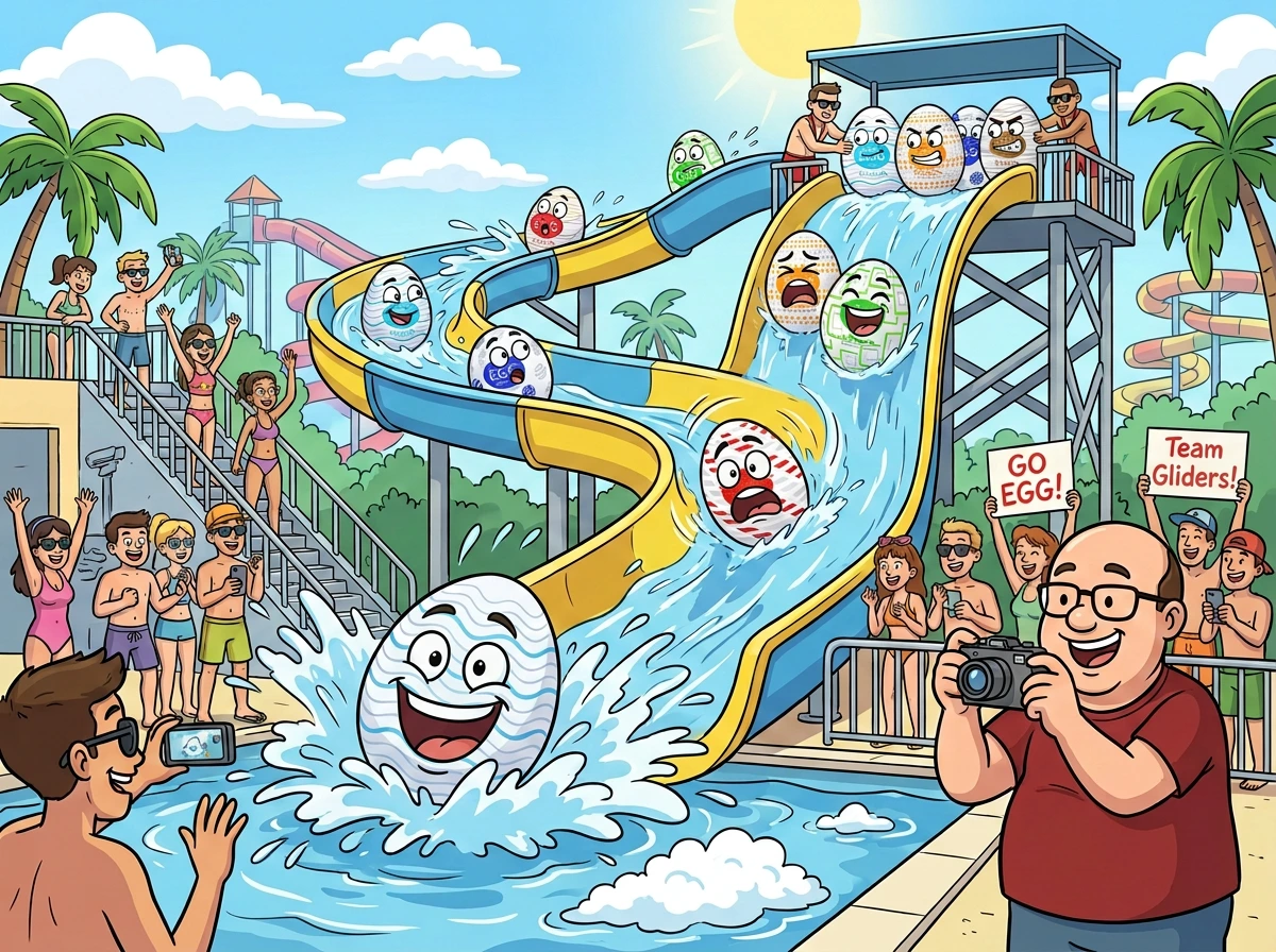 tenga eggs: Wavy, Silky, Misty, Shiny and Snow Crystal gliding in aquapark cartoon tenga eggs: Wavy, Silky, Misty, Shiny and Snow Crystal gliding in aquapark cartoon