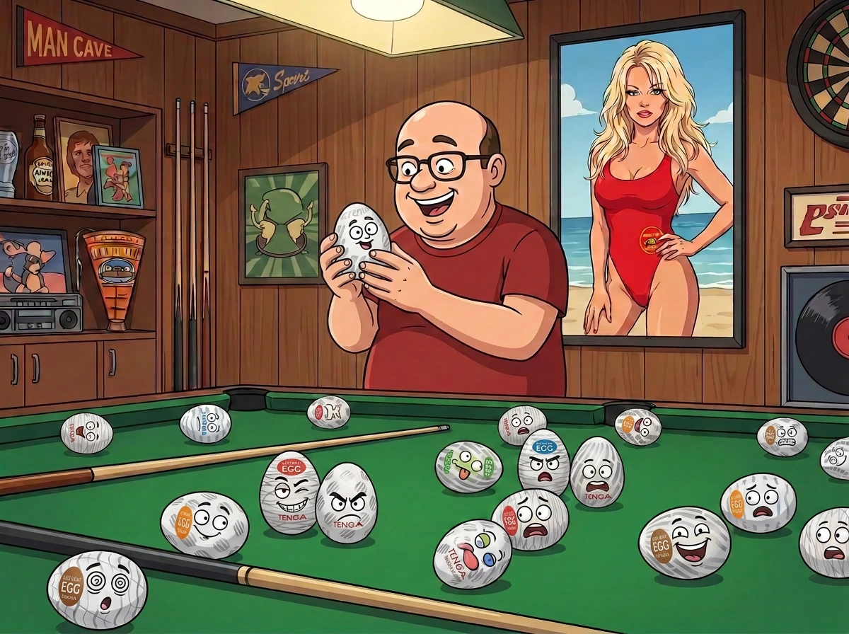 Man staring at a Tenga eggs capsule in his mancave cartoon Man staring at a Tenga eggs capsule in his mancave cartoon